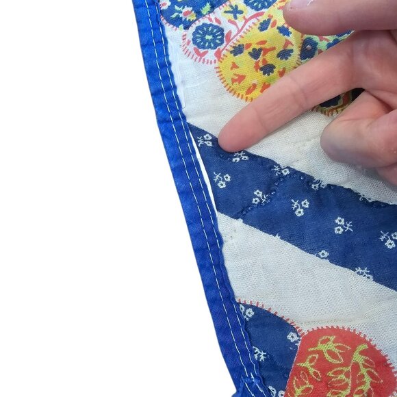 Vintage 70s Dresden Plate Wheel Quilt Blue Floral Backing 70 X 80" Blue Yellow - Picture 6 of 8